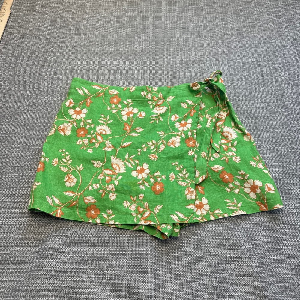New Green Floral Linen Wrap Shorts Medium Skort Coastal C&C California